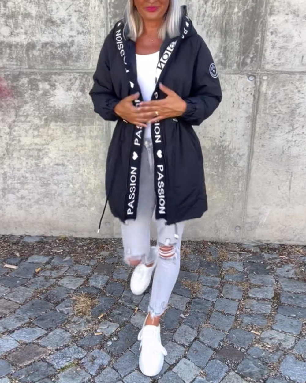 Icone™ HoodedJacket: Dames Casual Brief Afdrukken Trekkoord Met Capuchon Jas
