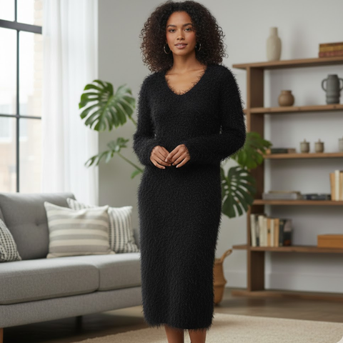 Icone™ CozyDress: Dames Elegante Nep-Zacht V-Hals Maxi Cozy Jurk