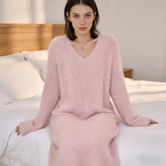 Icone™ CozyDress: Dames Elegante Nep-Zacht V-Hals Maxi Cozy Jurk