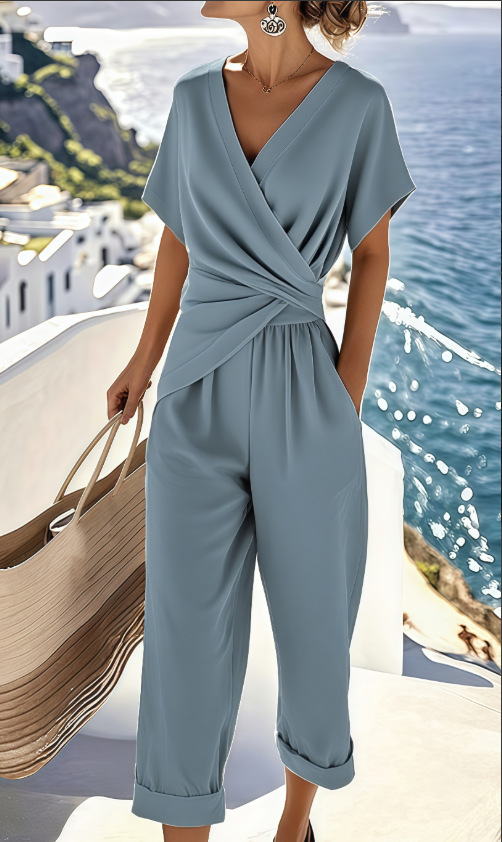 Icone™ ElegantWear: Elegante V-Hals Dagelijkse Top En Hoge Taille Broek Set