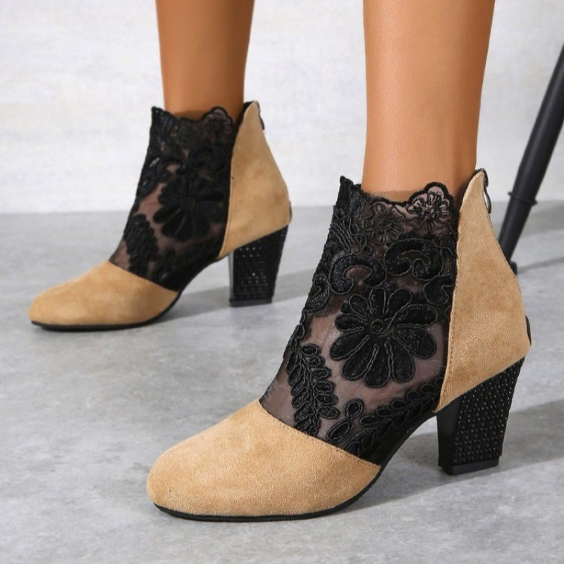 Happy™ EmbroideredHeels: Stijlvolle Blok Hakken Gesloten Neus Mesh Geborduurde Hakken