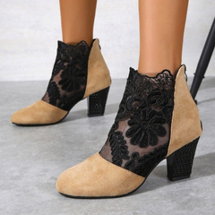 Happy™ EmbroideredHeels: Stijlvolle Blok Hakken Gesloten Neus Mesh Geborduurde Hakken