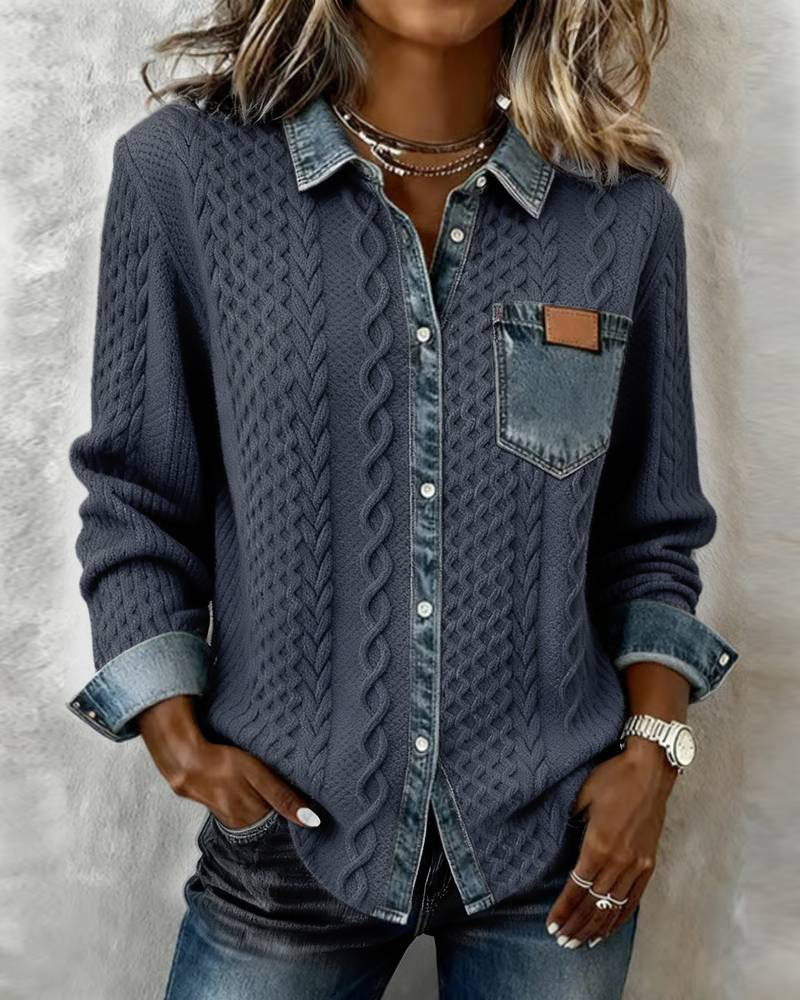 Icone™ DenimKnitwear: Dames Met Gekraagd Patchwork Knoop-Omlaag Denim Gebreide Kleding