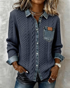 Icone™ DenimKnitwear: Dames Met Gekraagd Patchwork Knoop-Omlaag Denim Gebreide Kleding