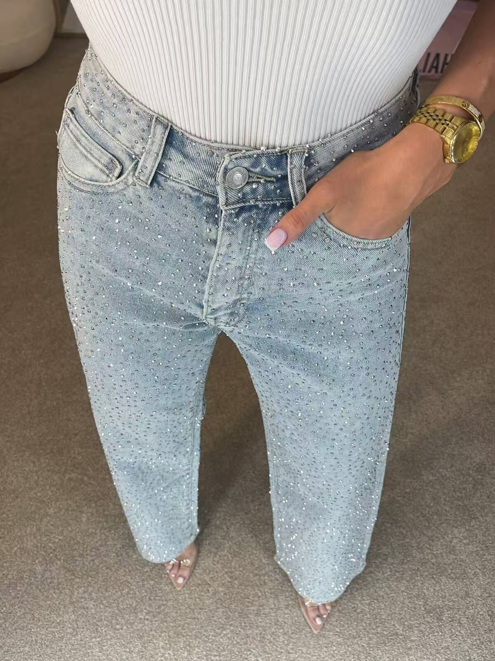 Icone™ SparklingJeans: Strass-Verfraaid Hoge-Taille Recht-Been Sprankelende Spijkerbroek Met Riem