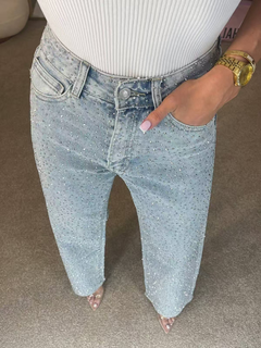 Icone™ SparklingJeans: Strass-Verfraaid Hoge-Taille Recht-Been Sprankelende Spijkerbroek Met Riem
