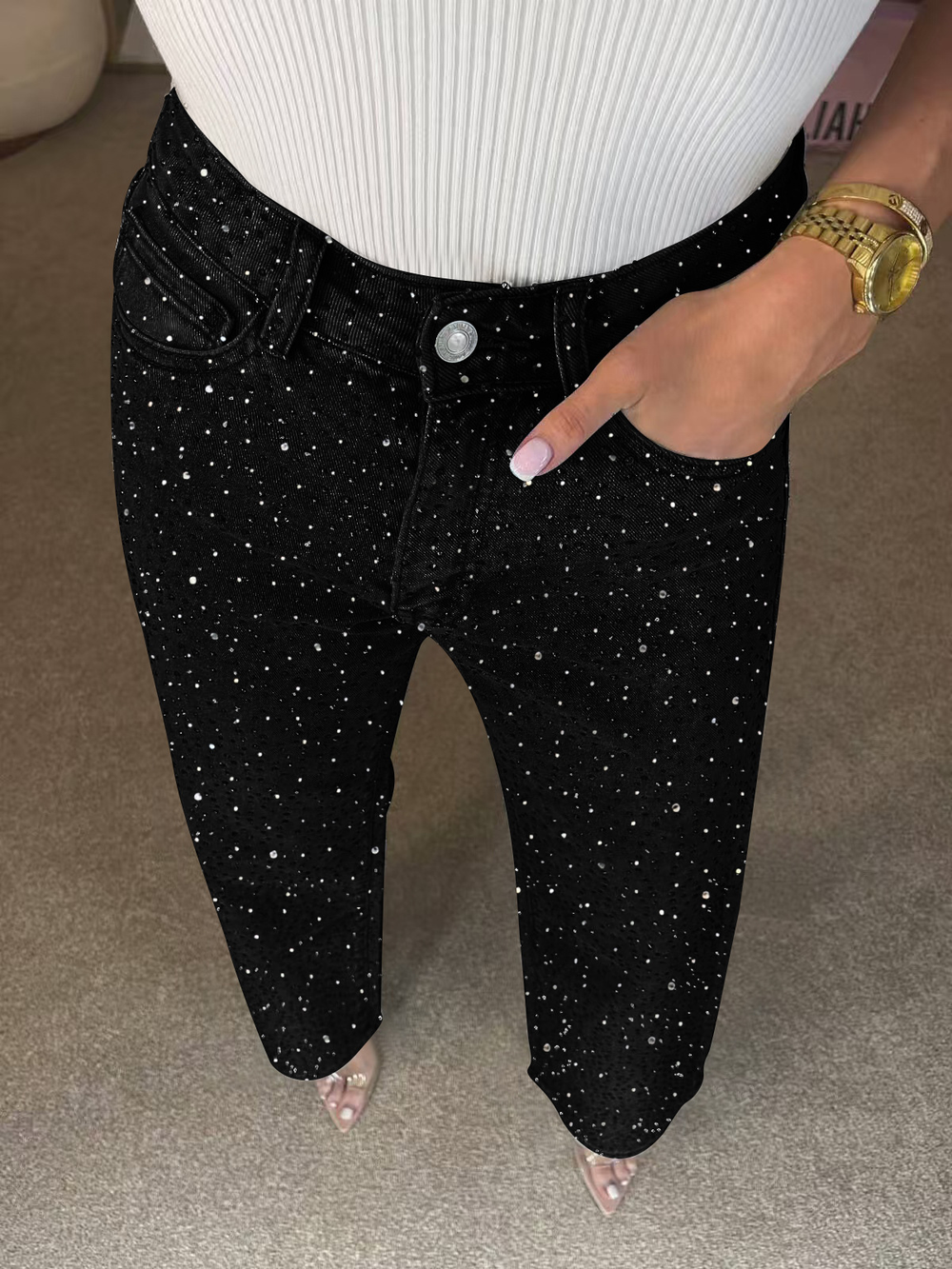 Icone™ SparklingJeans: Strass-Verfraaid Hoge-Taille Recht-Been Sprankelende Spijkerbroek Met Riem
