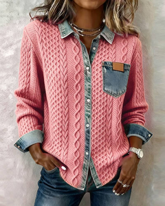 Icone™ DenimKnitwear: Dames Met Gekraagd Patchwork Knoop-Omlaag Denim Gebreide Kleding