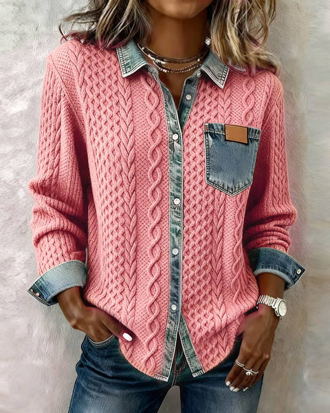 Icone™ DenimKnitwear: Dames Met Gekraagd Patchwork Knoop-Omlaag Denim Gebreide Kleding