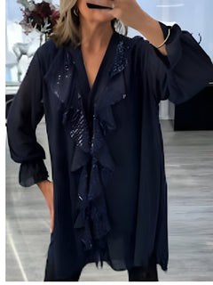 Icone™ SequinBlouse: Dames Gerimpeld V-hals Los Zittend Lang Pailletten Blouse