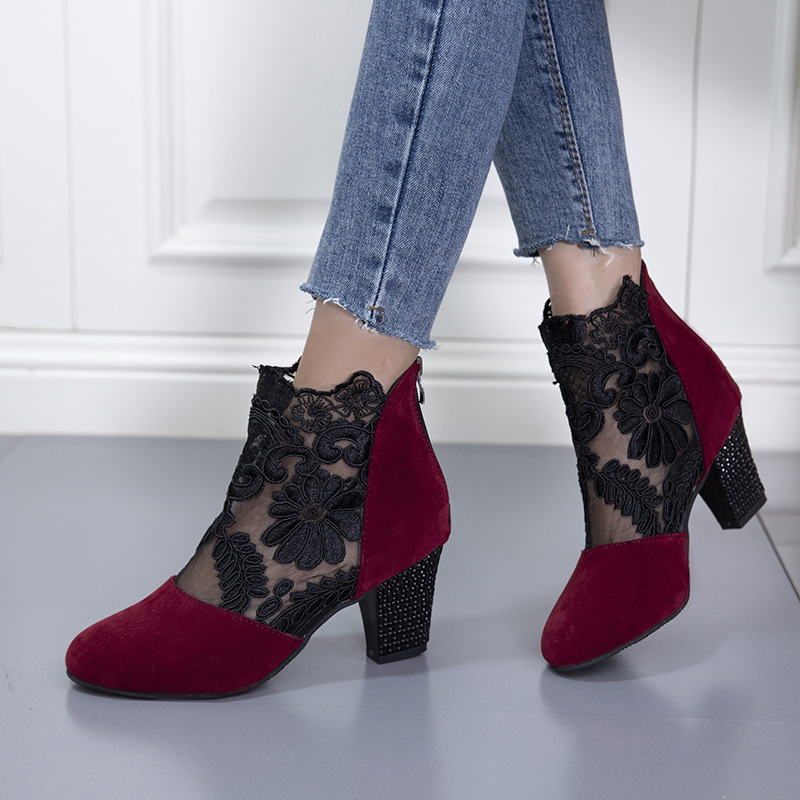Happy™ EmbroideredHeels: Stijlvolle Blok Hakken Gesloten Neus Mesh Geborduurde Hakken