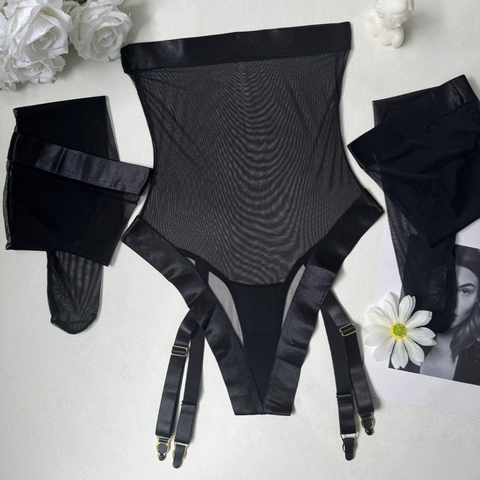 Icone™ SheerBodysuit: Verleidelijke Zwarte Transparante Garter Bodysuit