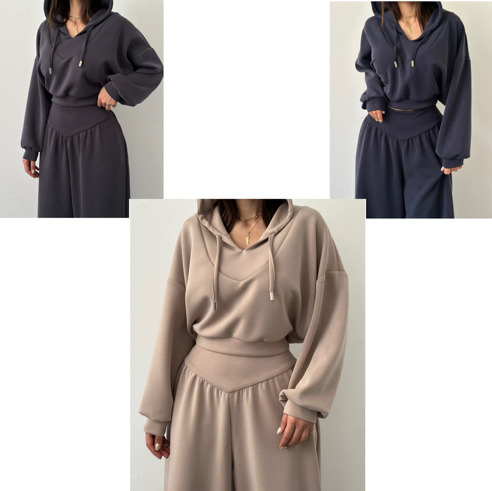 Icone™ StylishOutfit : Dames Stijlvolle Outfit Korte Hoodie En Wijde Broek Set