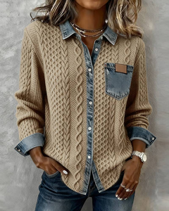 Icone™ DenimKnitwear: Dames Met Gekraagd Patchwork Knoop-Omlaag Denim Gebreide Kleding