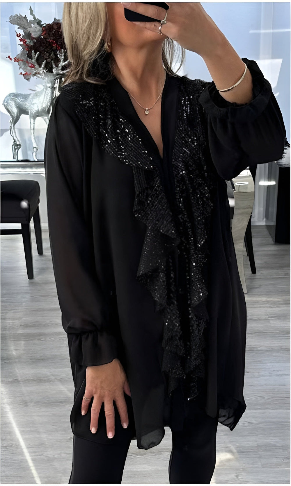 Icone™ SequinBlouse: Dames Gerimpeld V-hals Los Zittend Lang Pailletten Blouse