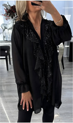 Icone™ SequinBlouse: Dames Gerimpeld V-hals Los Zittend Lang Pailletten Blouse