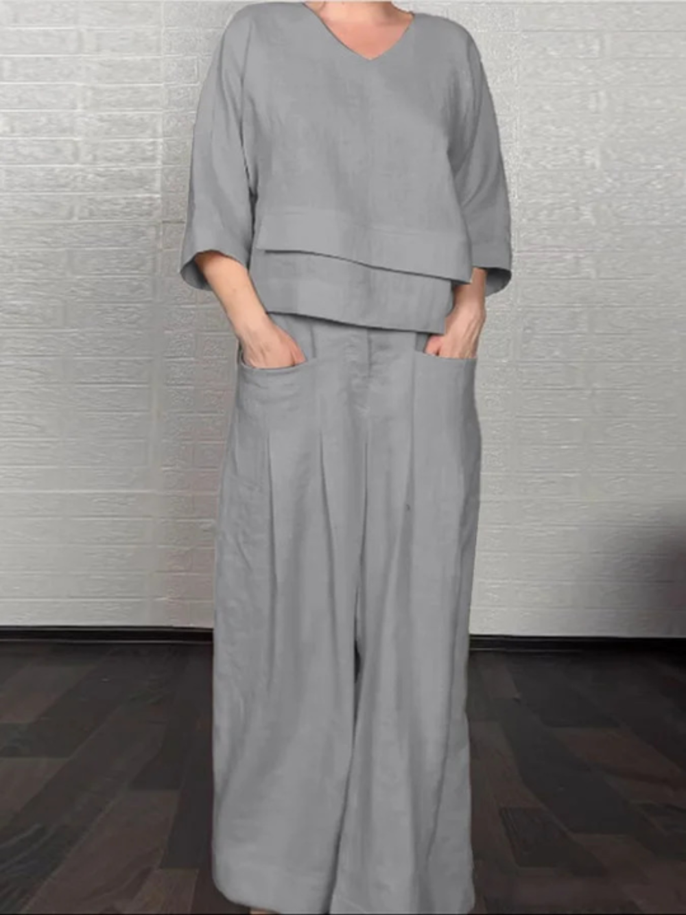 Icone™ ComfyWear: Stijlvolle V-Hals Wijde-Pijpen Broek Twee-Delig Comfortabel Draag Set