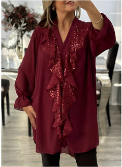 Icone™ SequinBlouse: Dames Gerimpeld V-hals Los Zittend Lang Pailletten Blouse