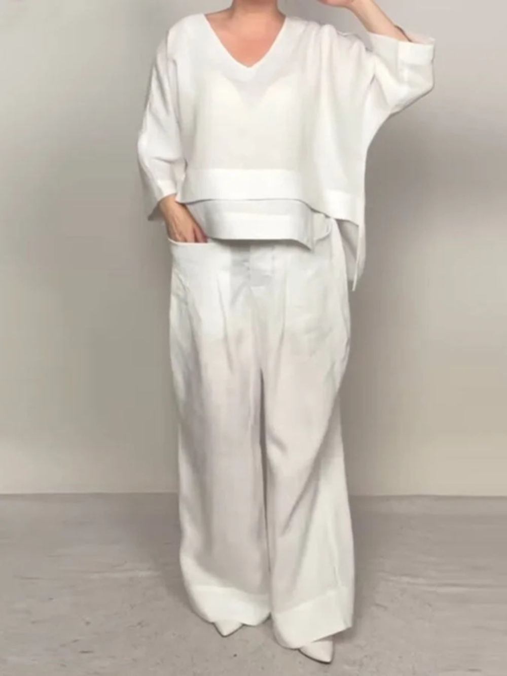 Icone™ ComfyWear: Stijlvolle V-Hals Wijde-Pijpen Broek Twee-Delig Comfortabel Draag Set