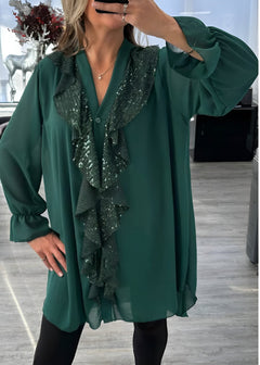 Icone™ SequinBlouse: Dames Gerimpeld V-hals Los Zittend Lang Pailletten Blouse