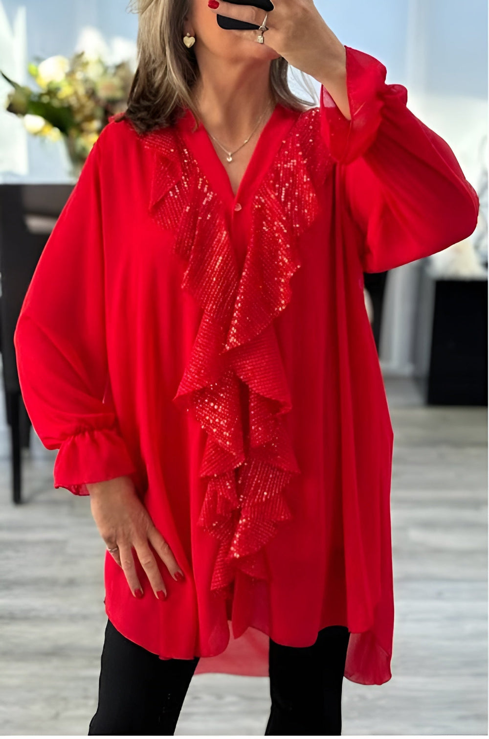 Icone™ SequinBlouse: Dames Gerimpeld V-hals Los Zittend Lang Pailletten Blouse