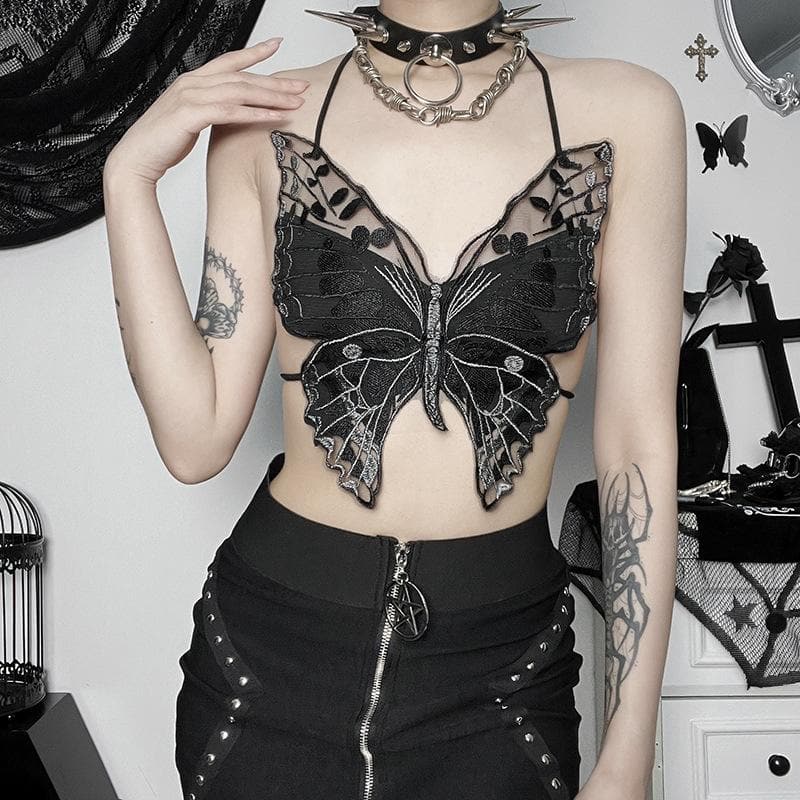 Icone™ ButterflyTop: Stijlvolle Geborduurde Halter Rugloze Vlinder Top