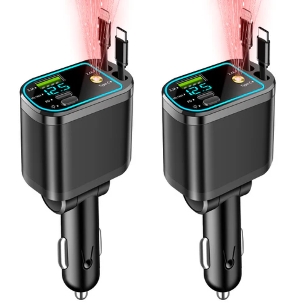 CarCharger: 5-In-1 Opladen Poort Intrekbaar Kabel Snel Auto Oplader