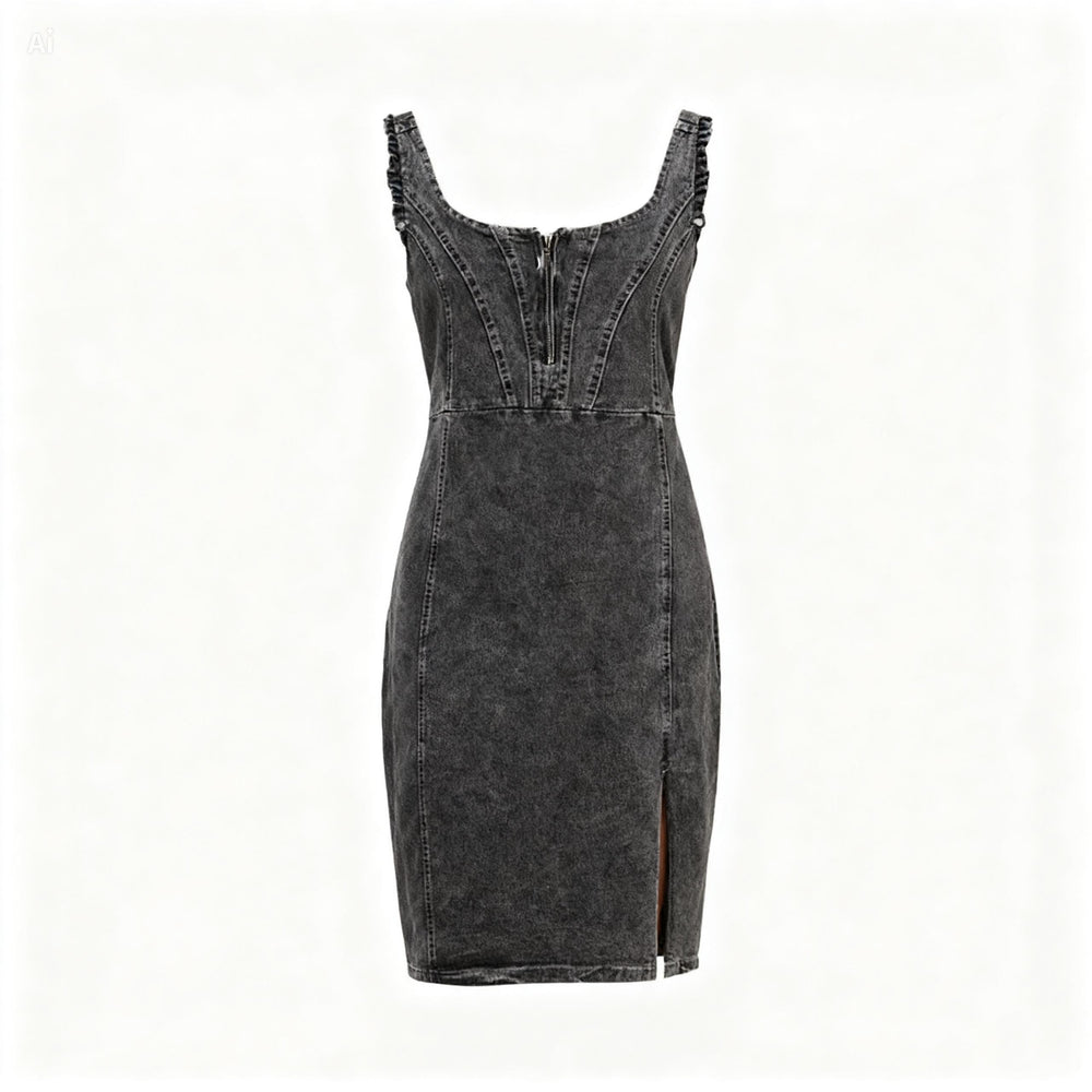 Icone™ DenimDress: Denim Jurk Met Split En Verstelbare Bandjes