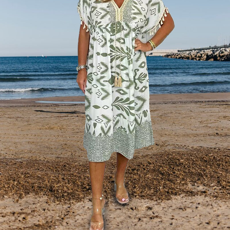 Icone™PrintedDress: Bedrukte V-Hals Jurk Franjes Mouwen, Casual Jurk