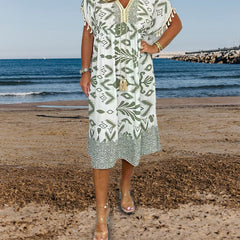 Icone™PrintedDress: Bedrukte V-Hals Jurk Franjes Mouwen, Casual Jurk