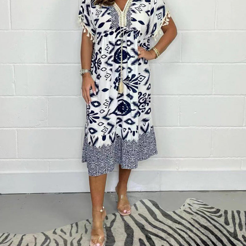 Icone™PrintedDress: Bedrukte V-Hals Jurk Franjes Mouwen, Casual Jurk