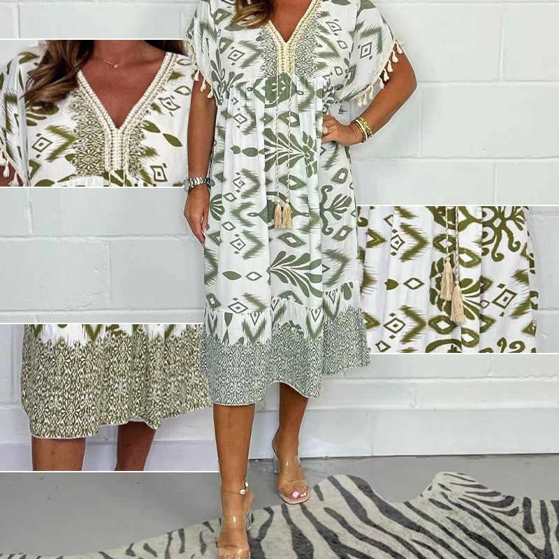Icone™PrintedDress: Bedrukte V-Hals Jurk Franjes Mouwen, Casual Jurk