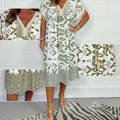 Icone™PrintedDress: Bedrukte V-Hals Jurk Franjes Mouwen, Casual Jurk