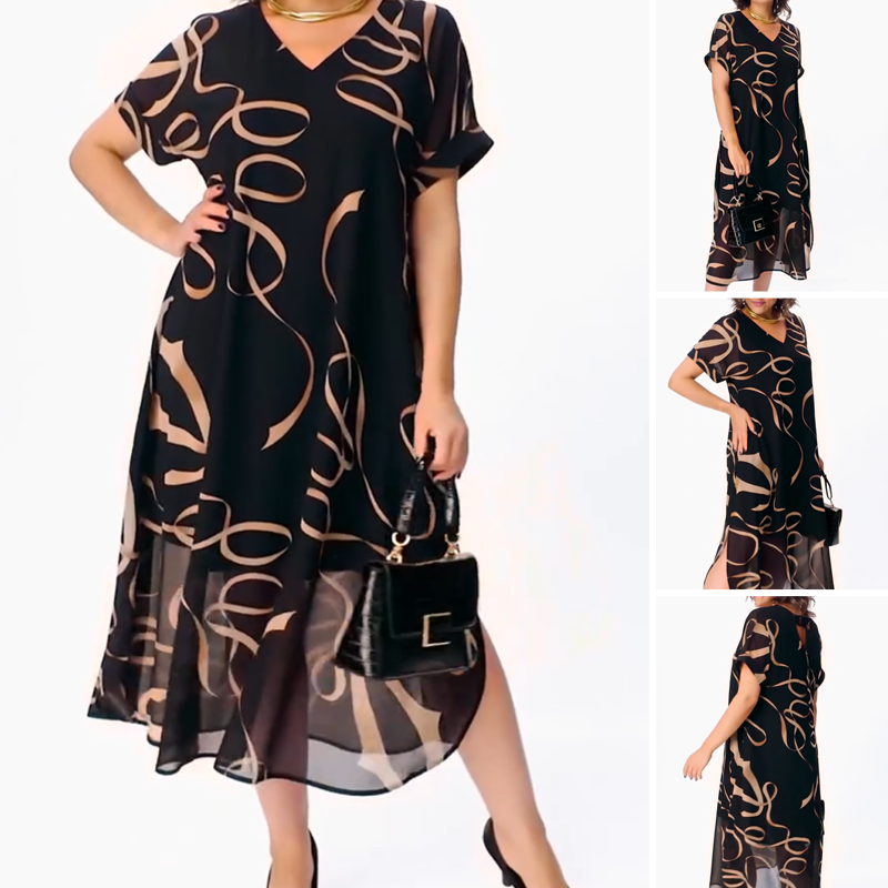 Icone™ FlowyDress: Dubbel Gelaagde V-Hals Zwierige Maxi Jurk