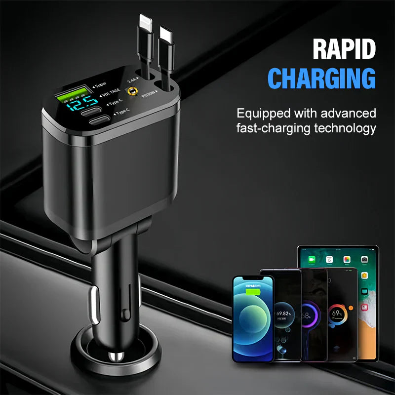 CarCharger: 5-In-1 Opladen Poort Intrekbaar Kabel Snel Auto Oplader