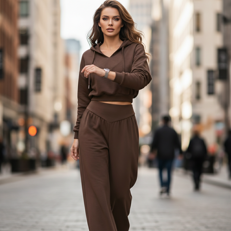 Icone™ StylishOutfit : Dames Stijlvolle Outfit Korte Hoodie En Wijde Broek Set