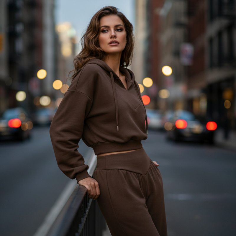Icone™ StylishOutfit : Dames Stijlvolle Outfit Korte Hoodie En Wijde Broek Set