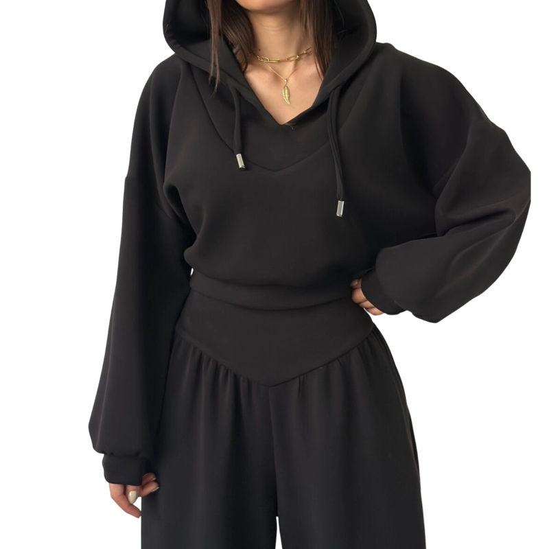 Icone™ StylishOutfit : Dames Stijlvolle Outfit Korte Hoodie En Wijde Broek Set