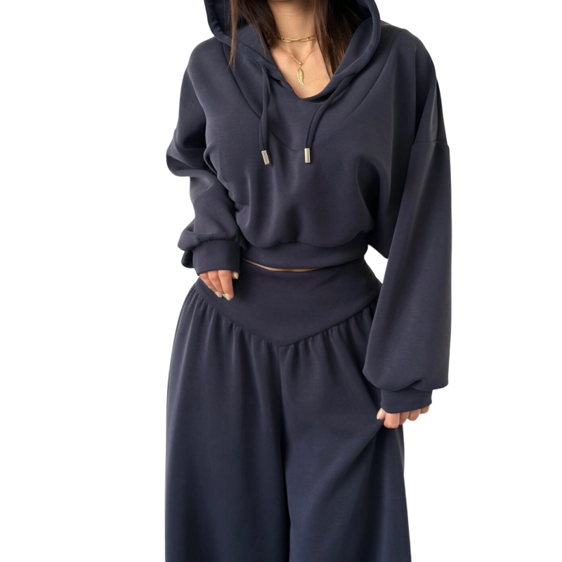 Icone™ StylishOutfit : Dames Stijlvolle Outfit Korte Hoodie En Wijde Broek Set