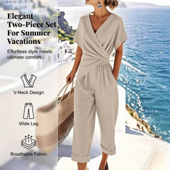Icone™ ElegantWear: Elegante V-Hals Dagelijkse Top En Hoge Taille Broek Set
