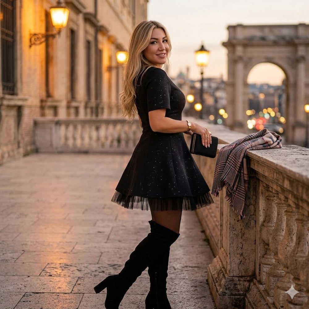 Icone™ MiniDress: Elegante Korte Mouwen Mini Jurk Met Sprankelende Kantafwerking